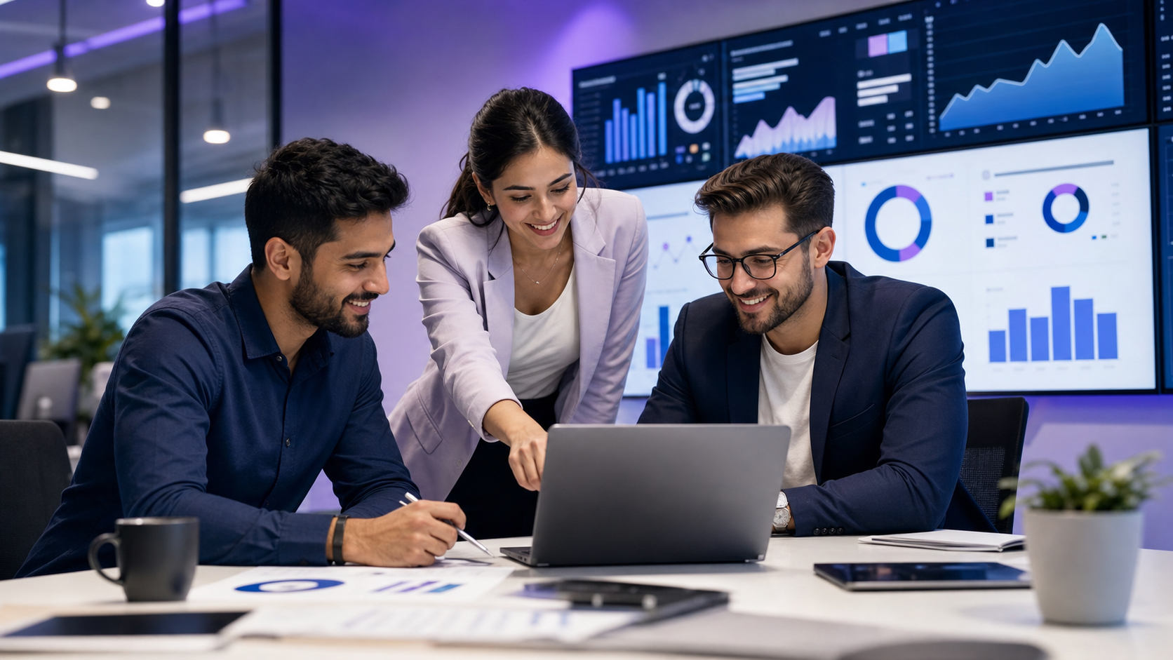 Growth marketing team analyzing campaign dashboards